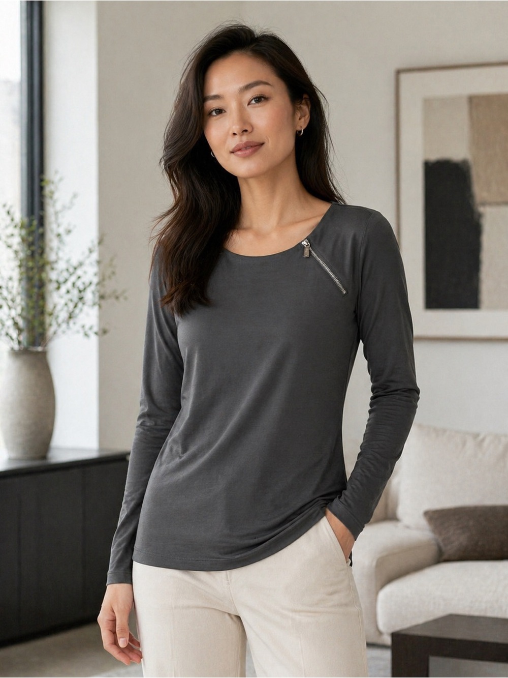 Calvin Klein - Gray - Long Sleeve Zip Accent Top - Medium